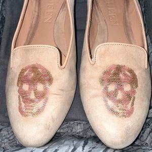 Alexander McQueen Skull Sequin Blush Suede Slipper Flats Loafer